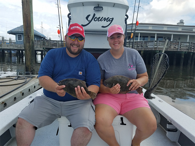 After catching their first during their Inshore Charter Fishing Amelia Island trip, the first thing Jim and Kala said was what in the world is that fish. I told them that this was a flounder and a nice 17 inch one at that.